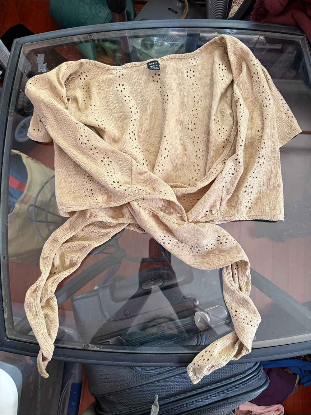 SHEIN Tan Knit Top with Eyelet Detail